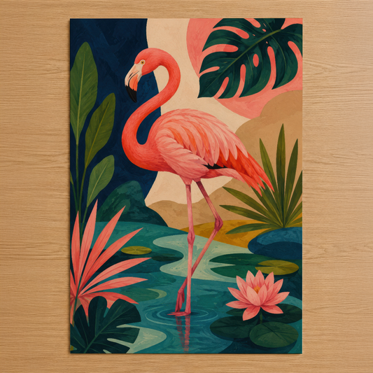 Canlı renklerle boyalı flamingo ve tropikal bitkilerin modern sanat tablosu, doğal ahşap arka planda.