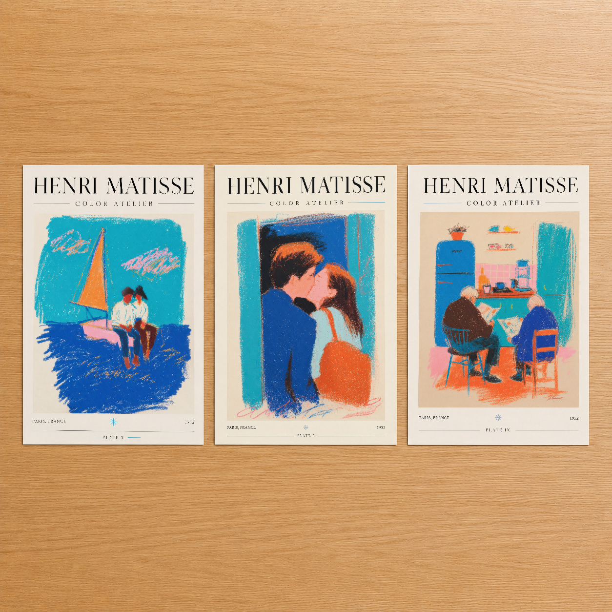 Henri Matisse Color Atelier üç parçalı poster seti, canlı mavi, turuncu ve pembe tonlarıyla sanat eseri koleksiyonu.