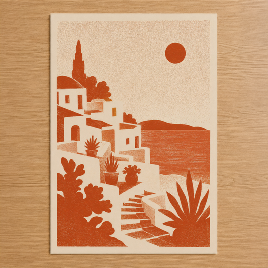 Akdeniz mimarisinden esinlenmiş turuncu tonlarında minimalist poster, beyaz evler ve tropical bitkileriyle sakin bir kıyı