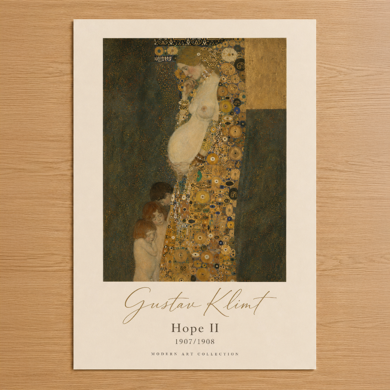 Klimt'in ikonik Hope II tablosu, altın detaylarıyla bezenmiş mistik kadın figürü ve rönesans sanat tarzının modern yorumu.