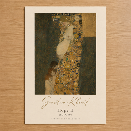 Klimt'in ikonik Hope II tablosu, altın detaylarıyla bezenmiş mistik kadın figürü ve rönesans sanat tarzının modern yorumu.