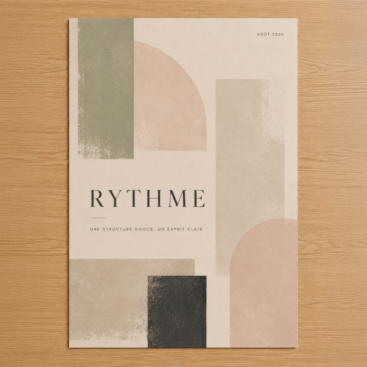 Soyut geometrik tasarımlı Rythme posteri, yumuşak krem, pembe ve yeşil tonlarıyla minimalist modern dekorasyona uyum sağlar.