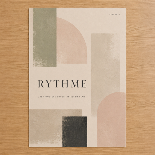 Soyut geometrik tasarımlı Rythme posteri, yumuşak krem, pembe ve yeşil tonlarıyla minimalist modern dekorasyona uyum sağlar.