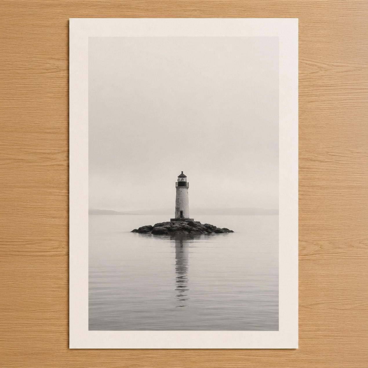 Yalıtılmış kayalık ada üzerinde duran deniz feneri, sakin gri deniz ve bulutlu gökyüzüyle minimalist siyah beyaz poster.