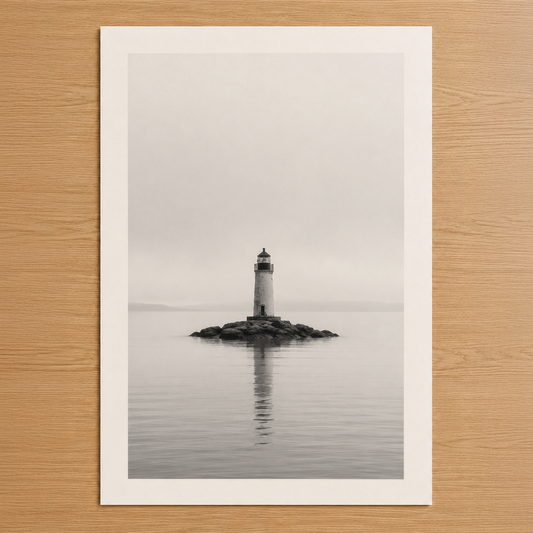 Yalıtılmış kayalık ada üzerinde duran deniz feneri, sakin gri deniz ve bulutlu gökyüzüyle minimalist siyah beyaz poster.