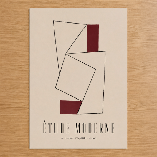 Étude Moderne koleksiyonundan geometrik soyut tablo, krem zemin üzerine çizgisel şekiller ve bordo aksentlerle.