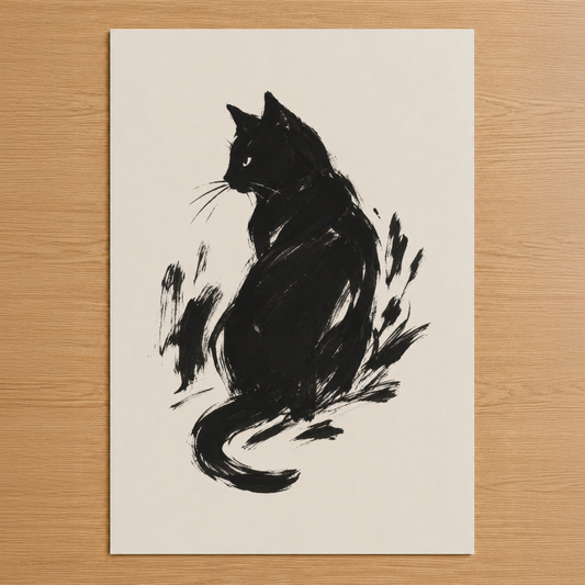 Siyah mürekkeple çizilmiş kedi silueti, ekspresif fırça darbeleriyle tasarlanmış minimalist sanat poster.