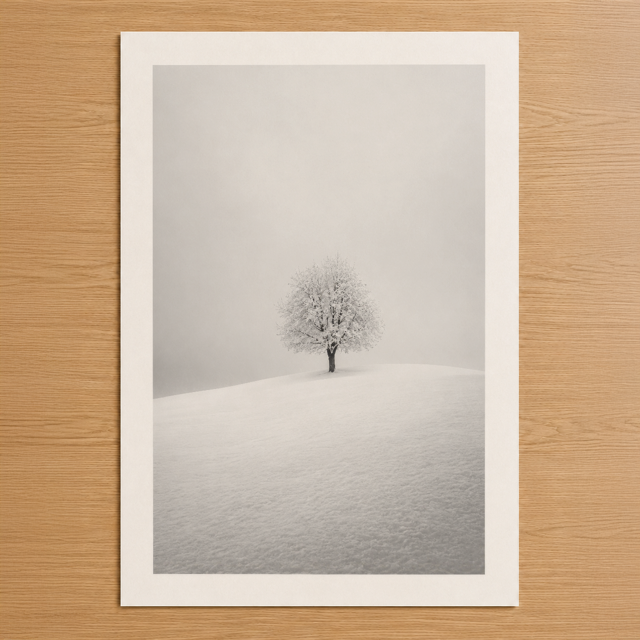 Minimalist kış manzasında yalnız ağaç, buzlu çimen ve puslu gökyüzü ile sessiz doğanın poetik portresi.