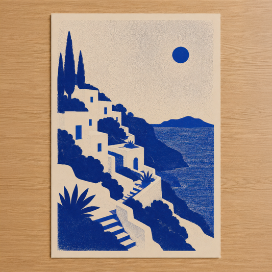 Akdeniz mimarisinin mavi tonlarda stilize tasviri, beyaz ev ve minare siluetleriyle Santorini estetiğini yansıtan sanat