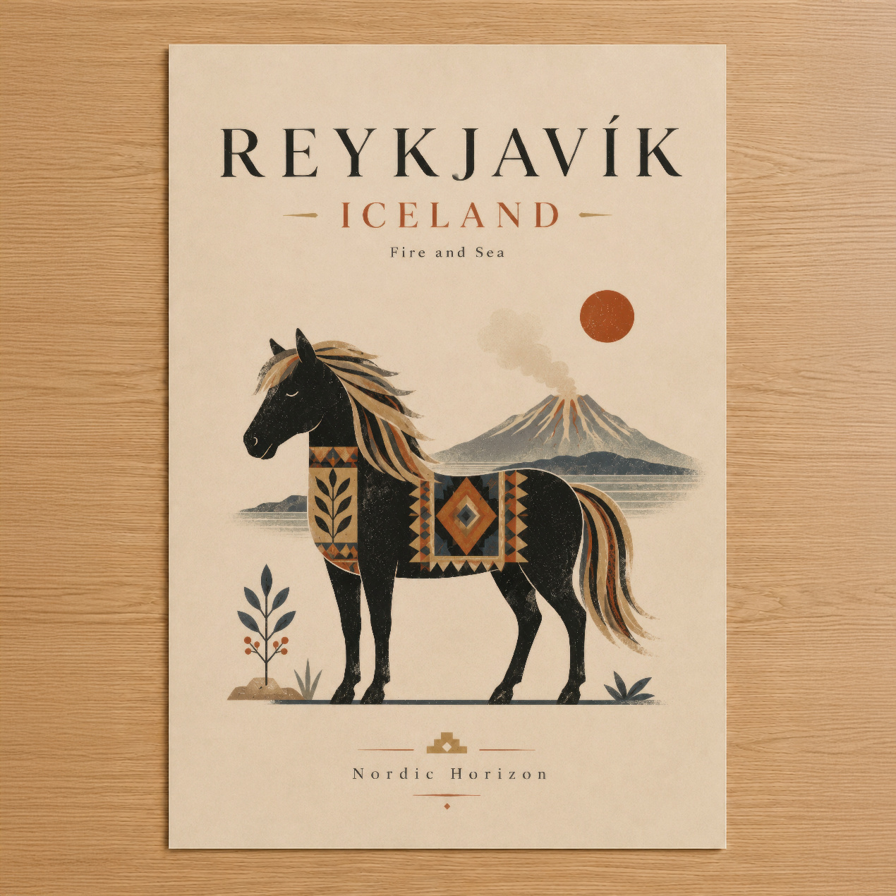 İzlanda'nın ateş ve denizini tasvir eden İskandinav tarzı Reykjavik posteri, dekoratif atı ve volkan manzarasıyla.