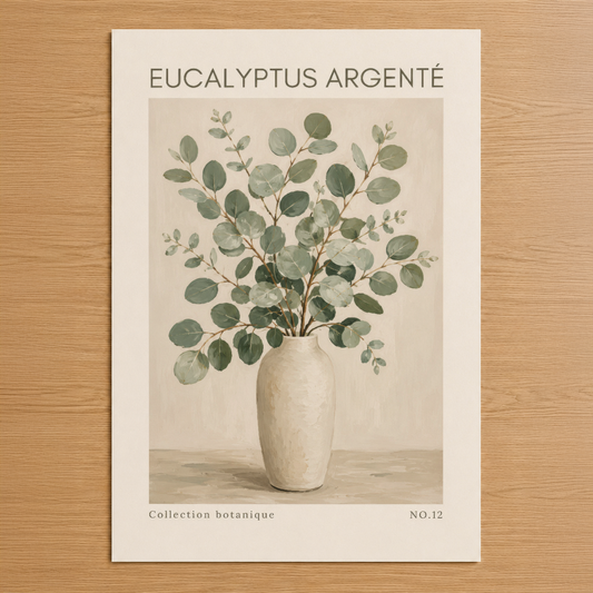Eucalyptus Argenté botanik tablosu, yeşil yapraklı şık bitki aranjmanı ve krem renginde vazo tasarımı