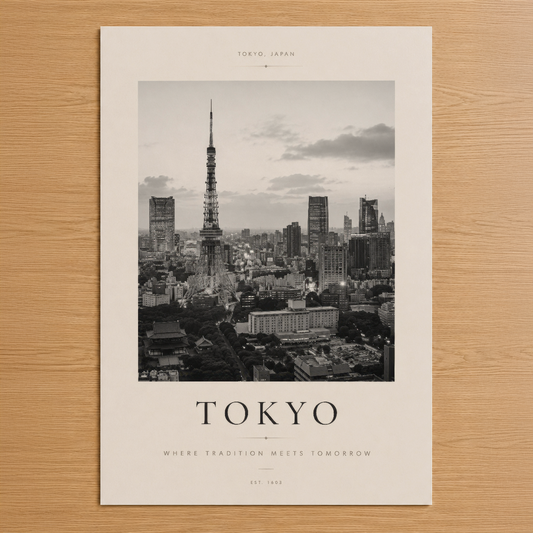 Tokyo şehrinin ikonik gökdelenleri ve Tokyo Tower'ı siyah-beyaz fotoğrafla gösteren minimalist tasarım poster.