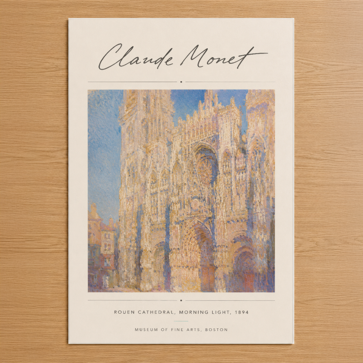 Monet'nin ikonik Rouen Katedrali tablosu, sabah ışığında taş yapının yumuşak tonlarını ve ışık oyununu ustalıkla yansıtan
