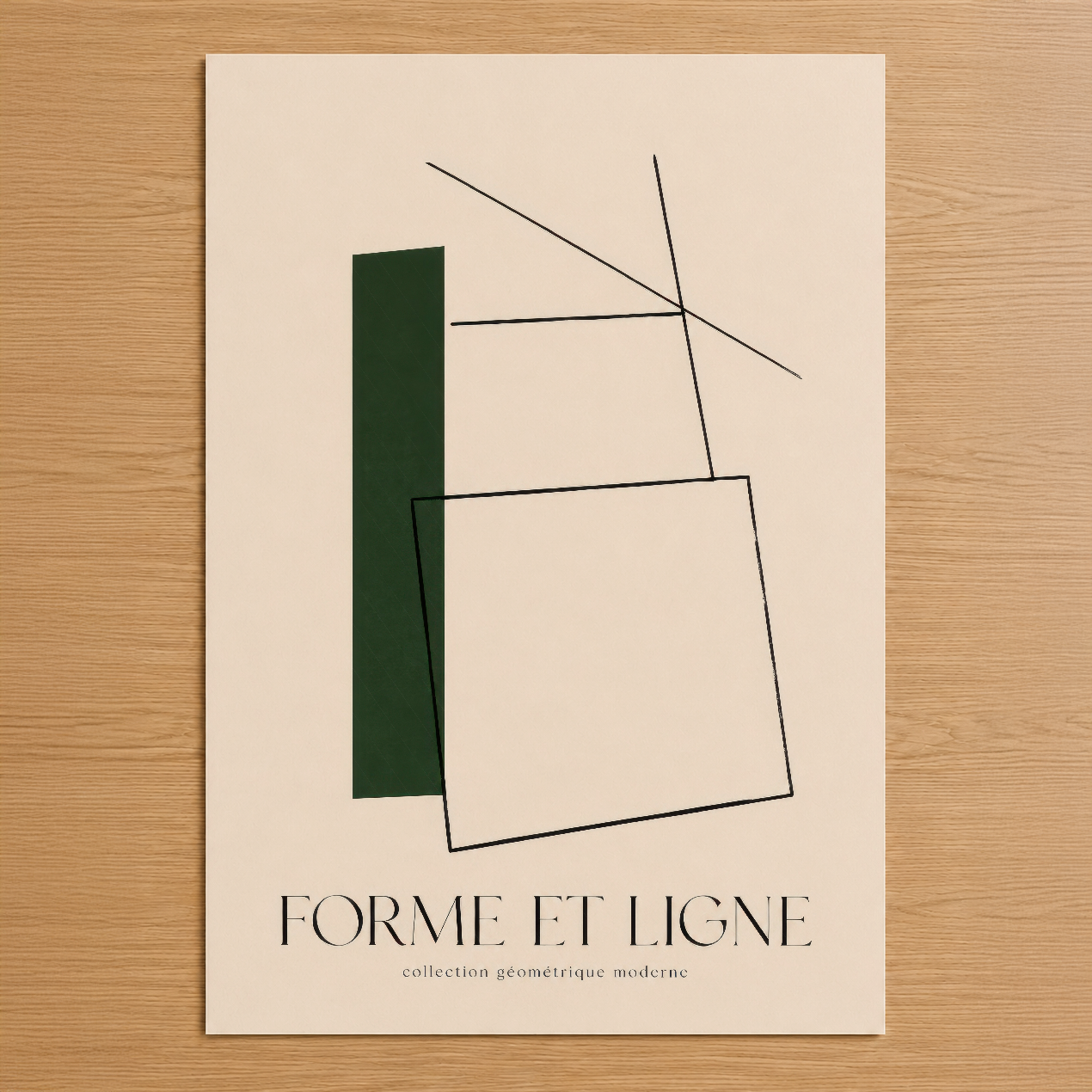 Forme Et Ligne koleksiyonundan, yeşil geometrik şekil ve soyut çizgilerle minimalist tasarımlı duvar tablosu.