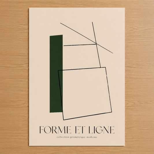 Forme Et Ligne koleksiyonundan, yeşil geometrik şekil ve soyut çizgilerle minimalist tasarımlı duvar tablosu.