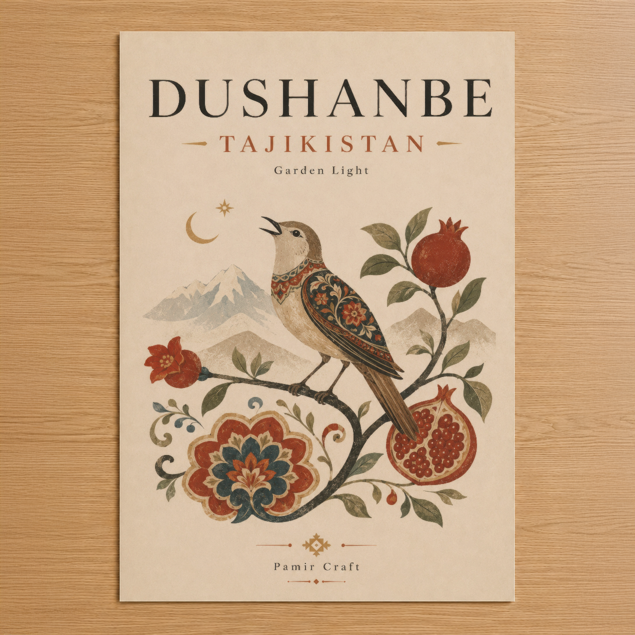 Dushanbe Tacikistan temalı, kuş ve nar motifleriyle süslenmiş, neoclassical tarzı duvar tablosu.