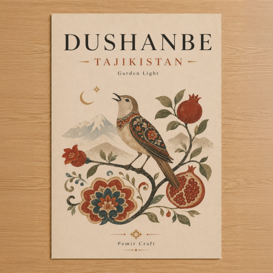 Dushanbe Tacikistan temalı, kuş ve nar motifleriyle süslenmiş, neoclassical tarzı duvar tablosu.
