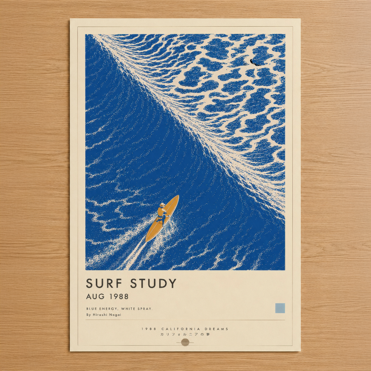 1988 yılına ait Surf Study posteri, mavi dalgalar ve sarı sörf tahtasıyla minimallist tasarım.