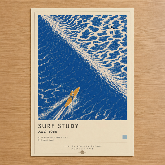 1988 yılına ait Surf Study posteri, mavi dalgalar ve sarı sörf tahtasıyla minimallist tasarım.