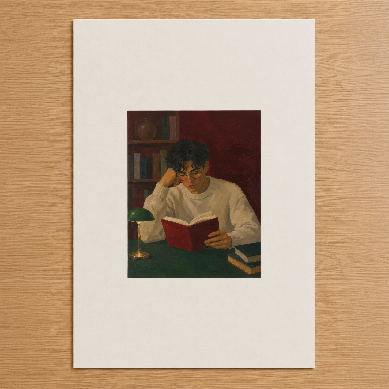 Kitap okuyan genç adam portresi, sıcak lambalar ışığında kütüphane ortamında, nostaljik sanat tarzında.
