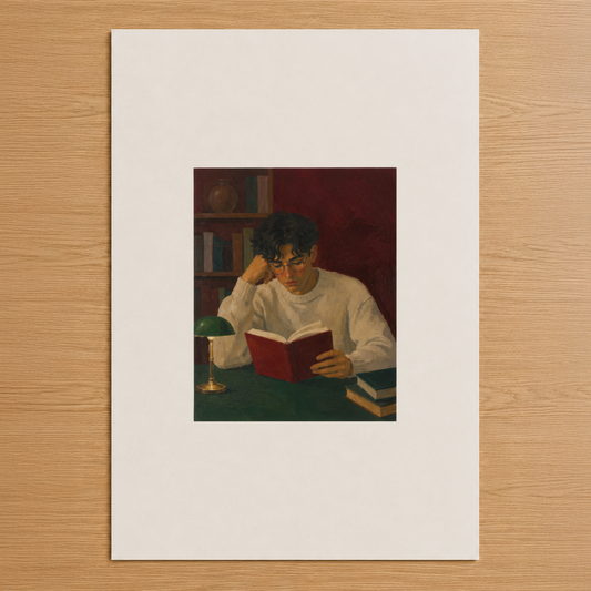 Kitap okuyan genç adam portresi, sıcak lambalar ışığında kütüphane ortamında, nostaljik sanat tarzında.