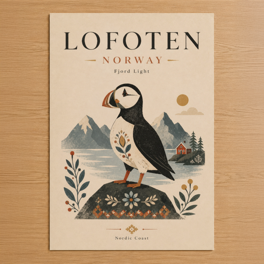 Lofoten Norveç temasıyla tasarlanmış, Nordic sanat stilinde papağan motifli duvar tablosu.