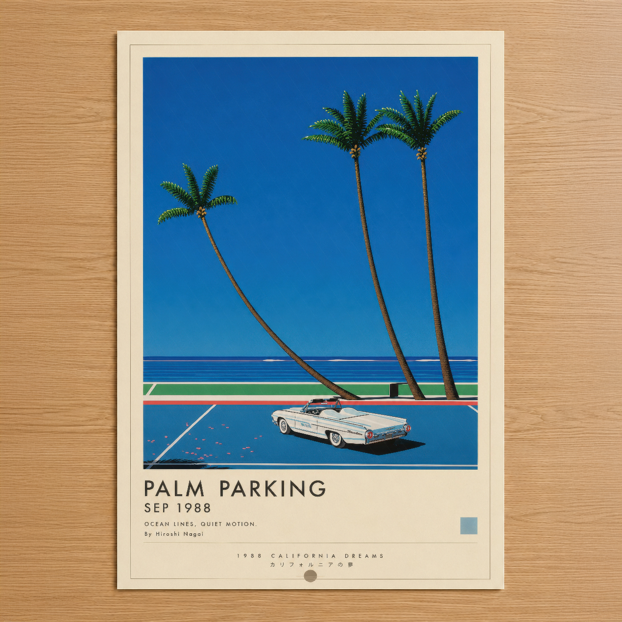 Palm Parking tasarımı, açık mavi gökyüzü altında retro convertible otomobili ve eğik palmiye ağaçlarını gösteren minimal