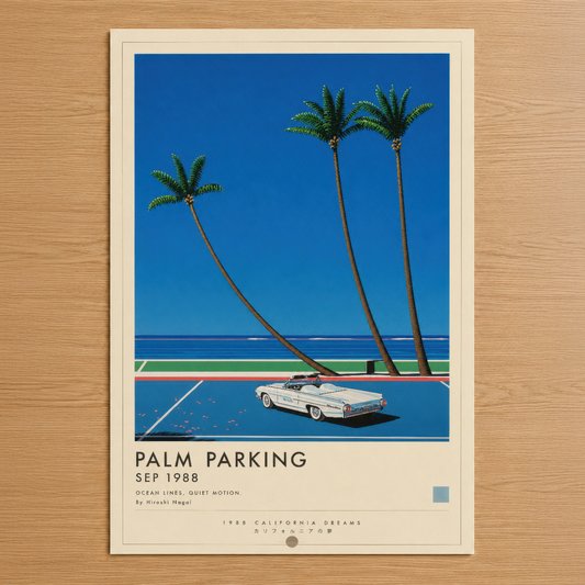 Palm Parking tasarımı, açık mavi gökyüzü altında retro convertible otomobili ve eğik palmiye ağaçlarını gösteren minimal