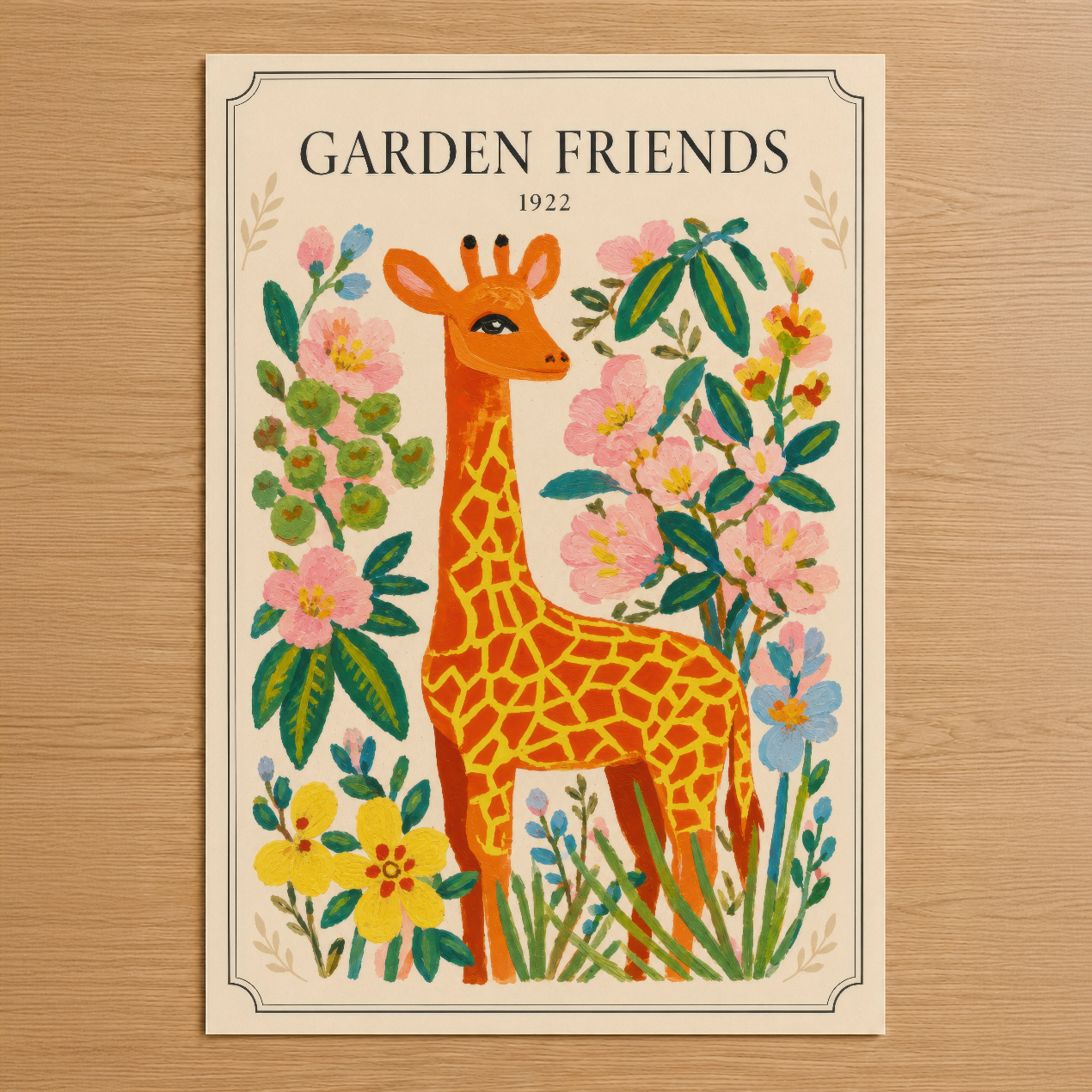 Vintage tarzda Garden Friends posteri, zarif çerçeveli tasarımda turuncu zirafa ve renkli çiçeklerle dekoratif duvar sanatı.