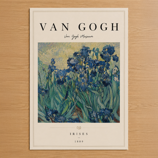 Van Gogh'un 1889 tarihli Irises tablosu, mavi iris çiçeklerinin dinamik fırça darbeleriyle resmedildiği müze-kalitesi poster