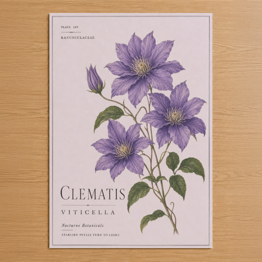 Klasik botanik illüstrasyonlu Clematı Viticella poster, açık mor çiçekleri ve yeşil yapraklarıyla zarif tasarım.