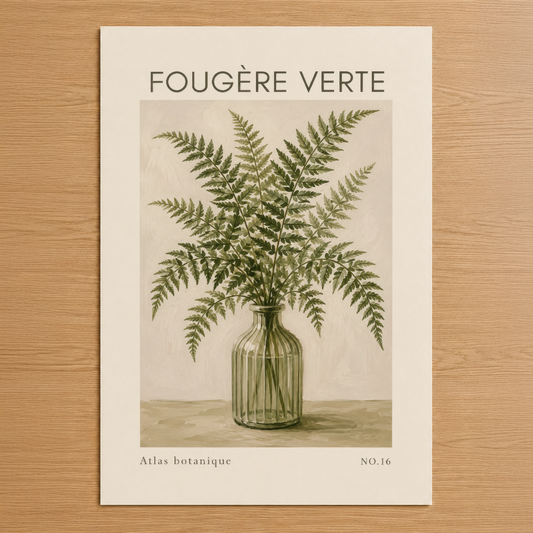 Fougère Verte botanik tablosu, zarif yapraklarıyla cam vazoda duran eğrelti otu desenini sergiliyor.