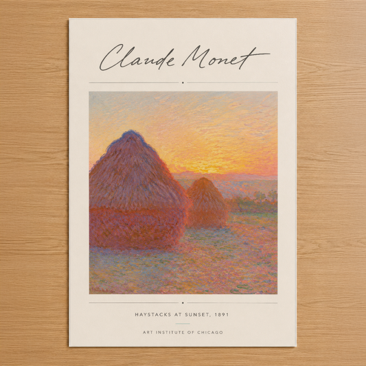 Monet'nin Günbatımında Samanlıklar tablosu, altın ve kırmızı tonlarında ışıltılı doğa manzarası.