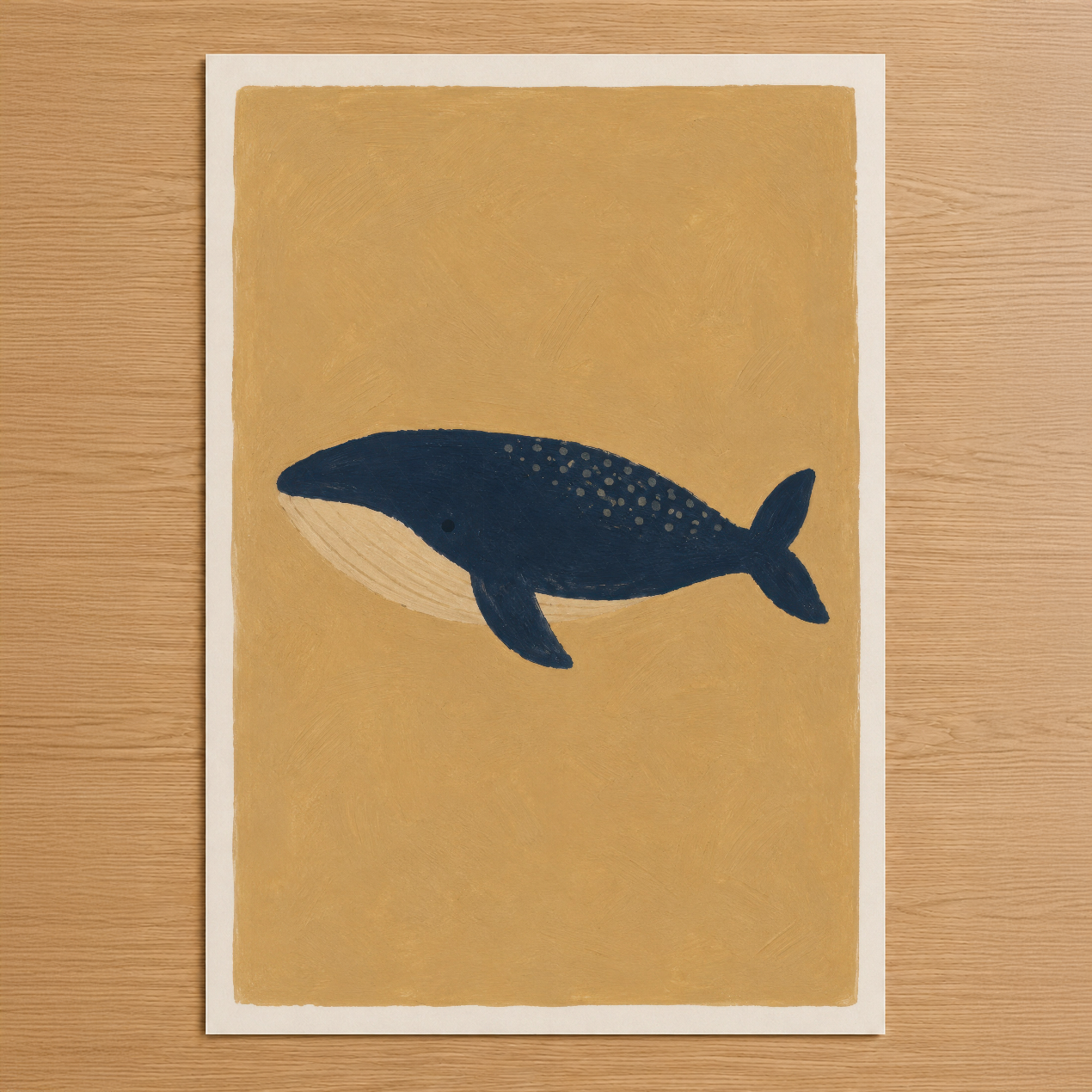 Minimalist sanat tarzında, sarı zemin üzerine lacivert renkli balina figürü ve beyaz detaylarıyla çizilmiş natürel poster