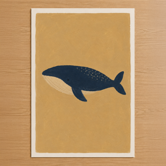 Minimalist sanat tarzında, sarı zemin üzerine lacivert renkli balina figürü ve beyaz detaylarıyla çizilmiş natürel poster