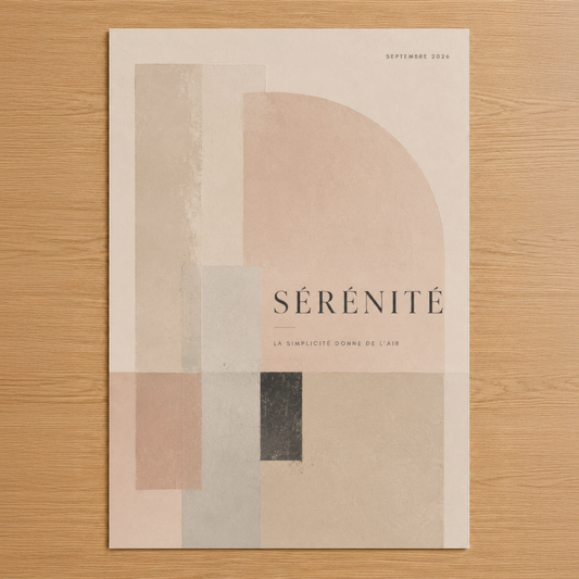 Soyut geometrik tasarımlı Sérénité posteri, pastel tonlarda şekiller ve dokuları ile minimalist sanatsal estetik sunuyor.