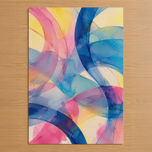Renkli soyut tasarımlı modern poster, pembe, mavi, sarı tonlarında şeffaf dalgalar ve geometrik formlar içeriyor.