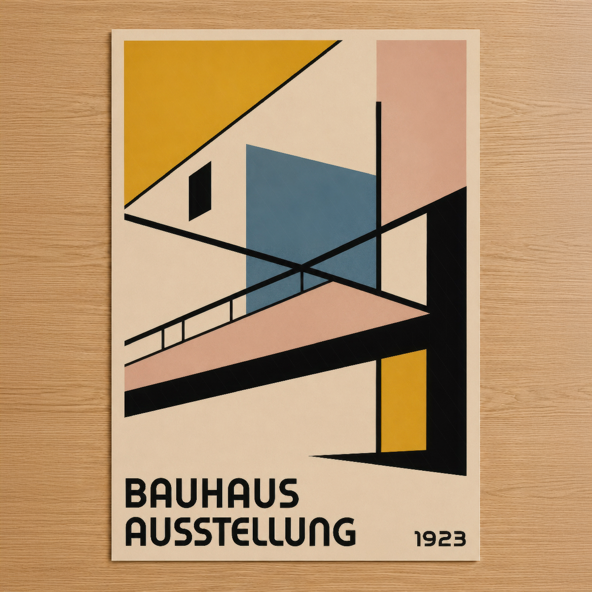 Bauhaus Ausstellung 1923 tasarımı, geometrik formlar ve sarı, mavi, pembe renklerle soyut mimari illüstrasyonu.