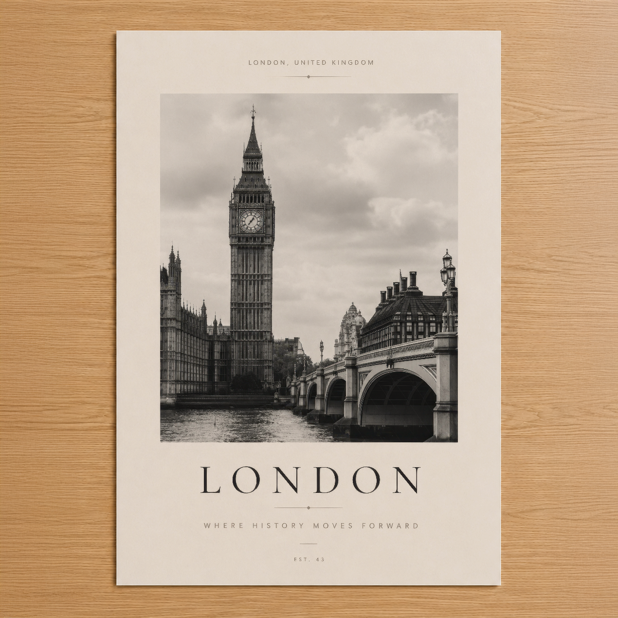 Big Ben ve Westminster Köprüsü'nün siyah beyaz fotoğrafıyla London temalı minimalist tasarım poster.