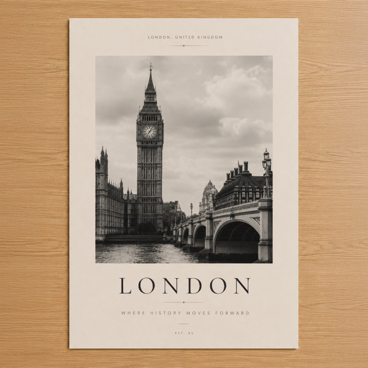 Big Ben ve Westminster Köprüsü'nün siyah beyaz fotoğrafıyla London temalı minimalist tasarım poster.