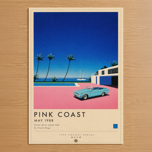 Pink Coast posteri, 1988 yılı tasarımı, turkuaz klasik otomobil ve palmiye ağaçlarıyla retro sahil sahnesi