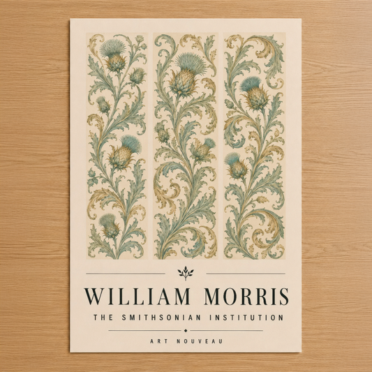 William Morris sanatsal tasarımla, tiyü çiçek motifli ekru zemin üzerinde art nouveau stilinde dekoratif duvar tablosu.
