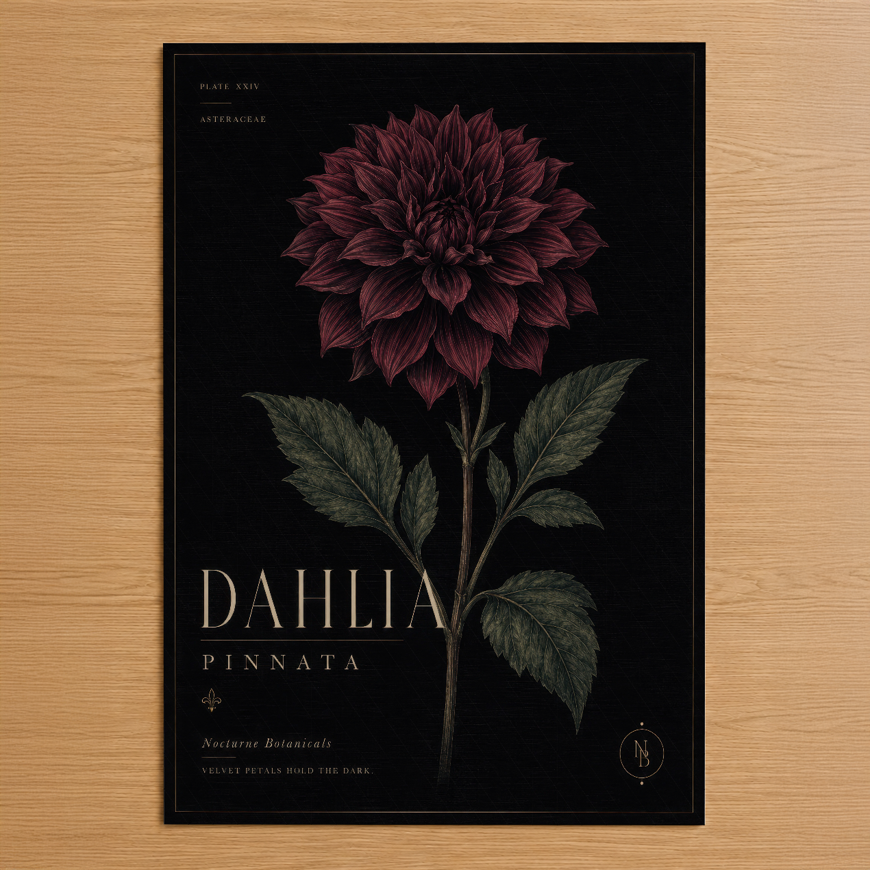 Siyah zemin üzerine bordo dahlia çiçeği ve yeşil yapraklarıyla botanik tarzında zarif poster tasarımı.