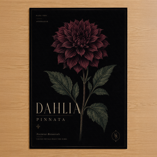 Siyah zemin üzerine bordo dahlia çiçeği ve yeşil yapraklarıyla botanik tarzında zarif poster tasarımı.