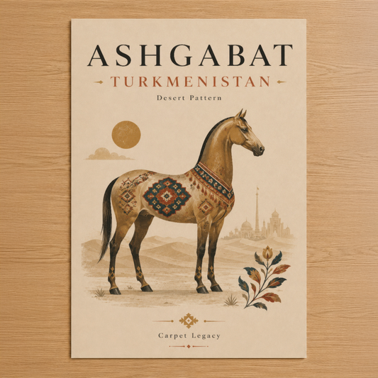 Ashgabat Türkmenistan tasarımı, çöl deseni tematik at portresi, etnografik motif ve manzara detayları içeren sanat baskısı.