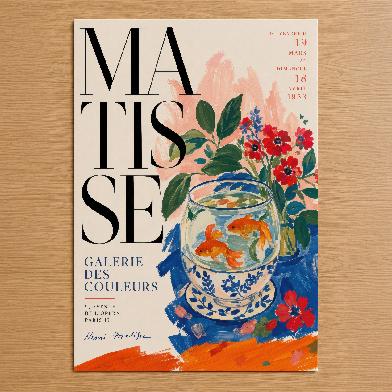 Matisse sanat sergisi posteri, 1953 tarihli vintage tasarım, kırmızı çiçekler ve balık motifli seramik vazo ile sanat