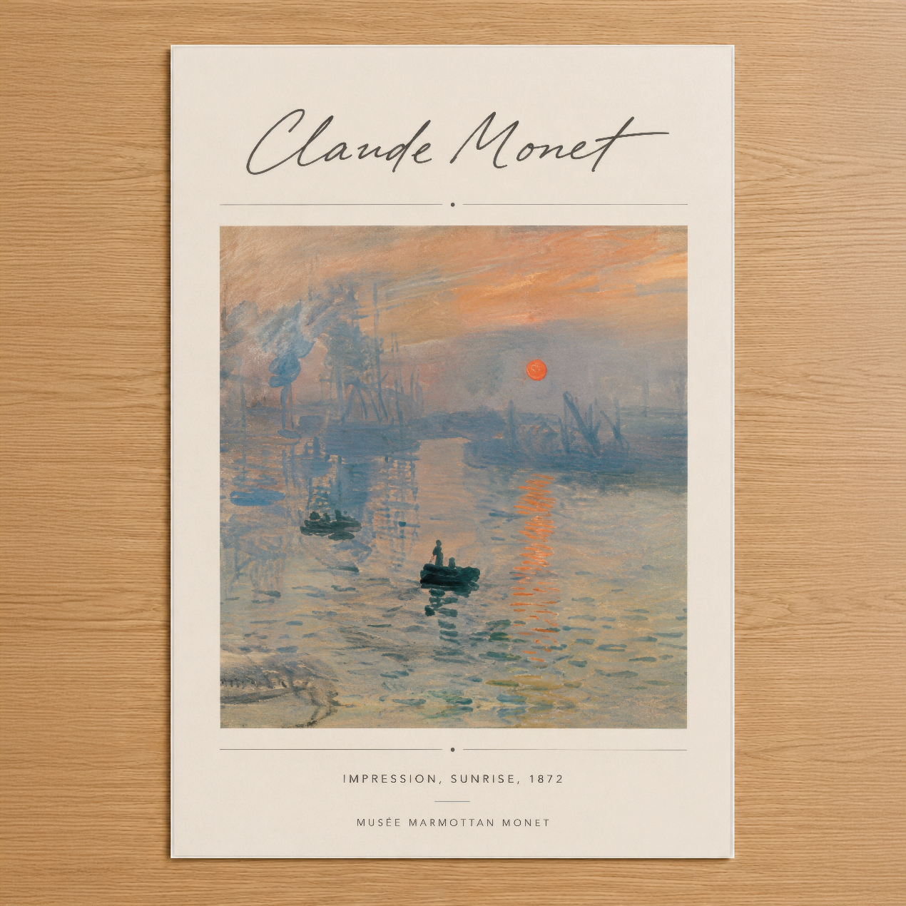 Monet'nin ikonik İzlenimci yapıtı, limanın misty sabah ışığında tasvir edilmiş hali, turuncu güneş ve mavili tonlarla.