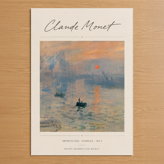 Monet'nin ikonik İzlenimci yapıtı, limanın misty sabah ışığında tasvir edilmiş hali, turuncu güneş ve mavili tonlarla.