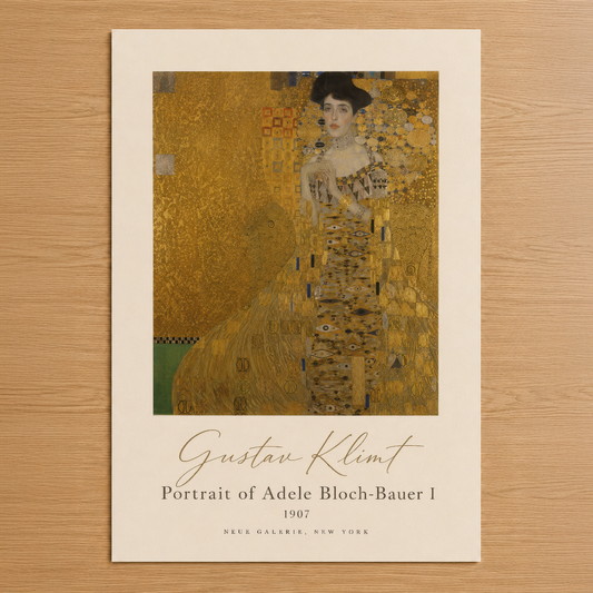 Gustav Klimt'in ikonik Adele Bloch-Bauer portresi, altın yaldızlı sanatsal desenleriyle zarif bir duvar tablosu.