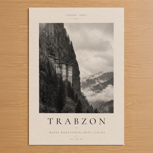 Trabzon'un efsanevi manastırını bulutlar içinde gösteren siyah beyaz poster, minimalist tasarım ve nostaljik atmosferiyle.